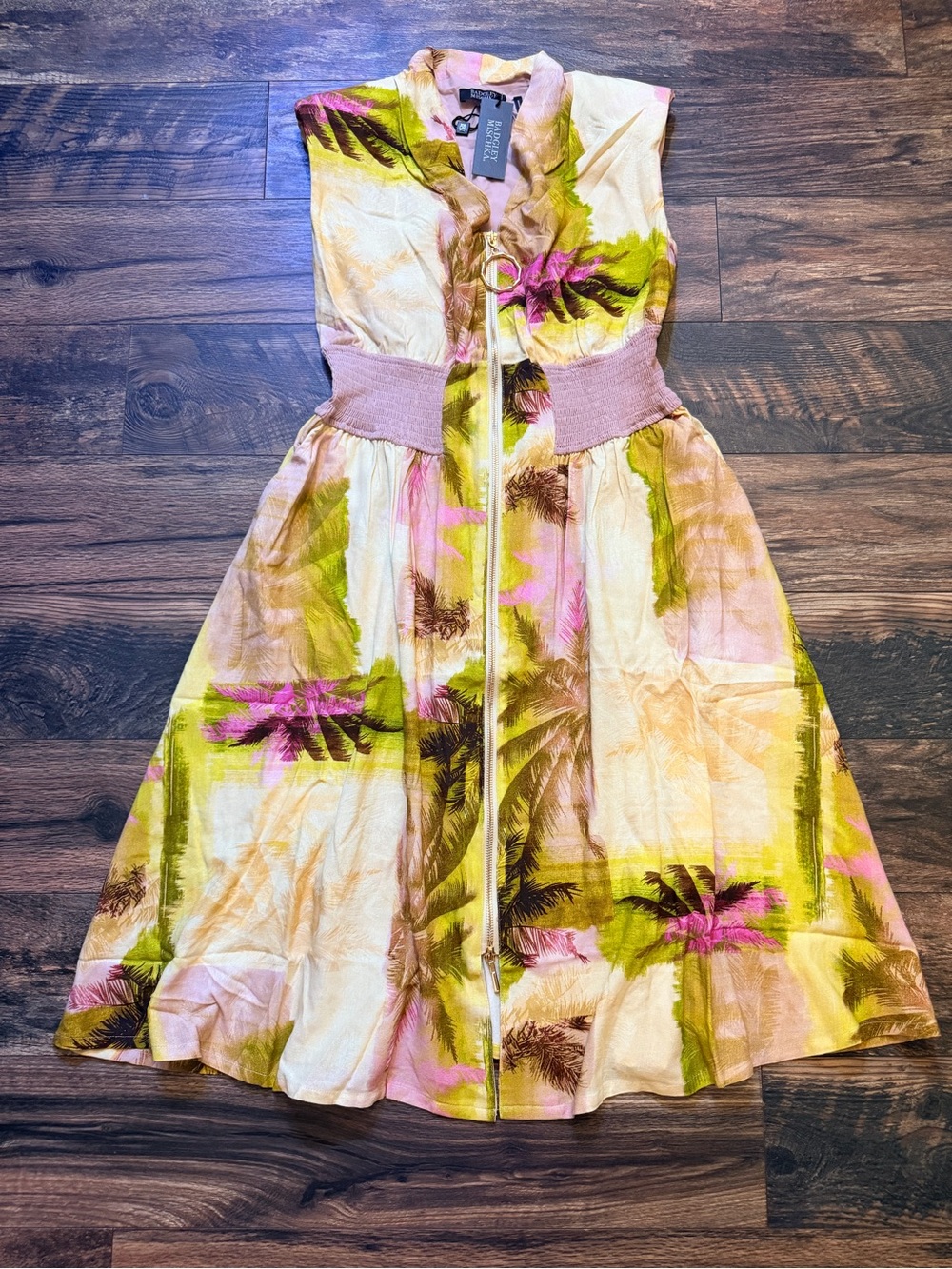 Badgley Mischka Multi Palm Full-Zip Smocked Midi Dress size large